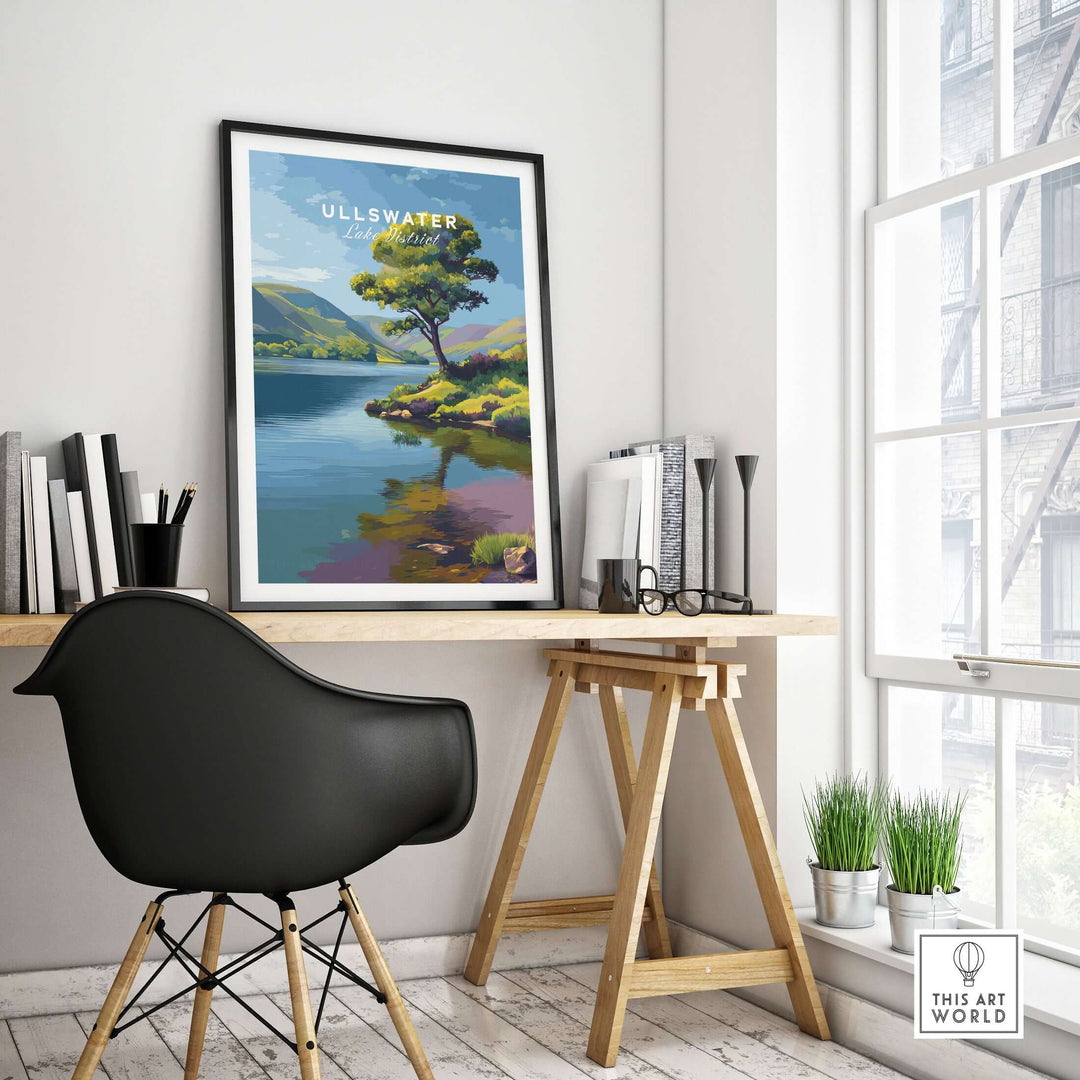Ullswater Lake District Solitary Tree Print displayed in a modern office with a serene lakeside reflection.
