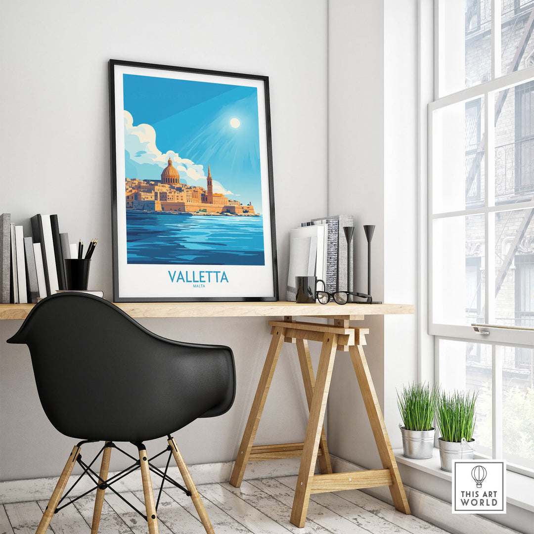 Valletta poster on desk in modern home office, featuring stunning Malta skyline and Mediterranean charm, perfect for travel inspiration.