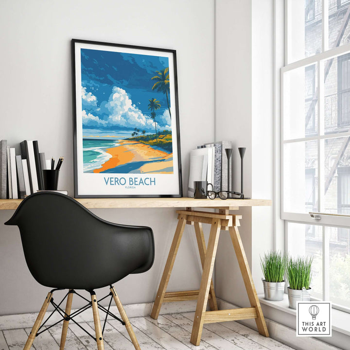 Vero Beach coastal landscape print in modern workspace, capturing sunny Florida vibes and beach decor.