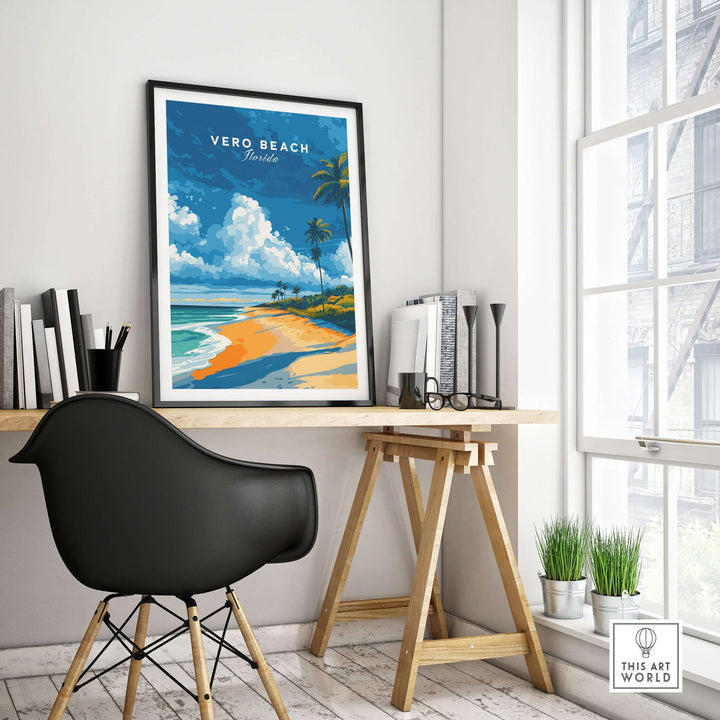 Vero Beach palm tree beach poster in a modern home office setting, showcasing vibrant tropical seascape wall art.