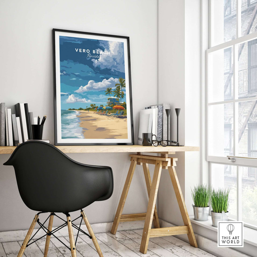 Vero Beach Florida beachfront resort print showcasing a lifeguard station and coastal scenery in a modern interior setting.