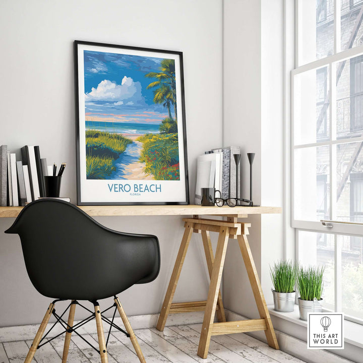 Vero Beach Ocean View poster displayed in a stylish home office setting with coastal decor.