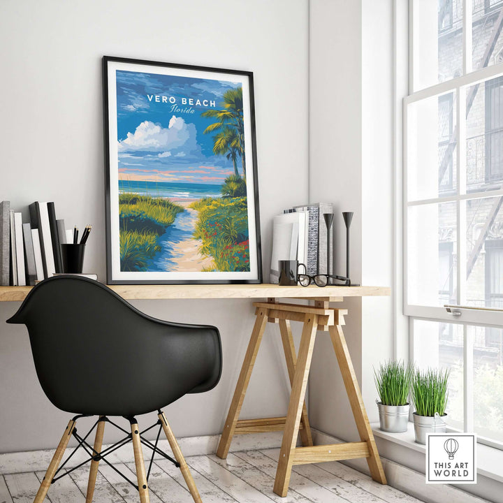 Vero Beach Florida Path to Beach Print on a desk framed, showcasing coastal flowers in a bright and inviting interior.