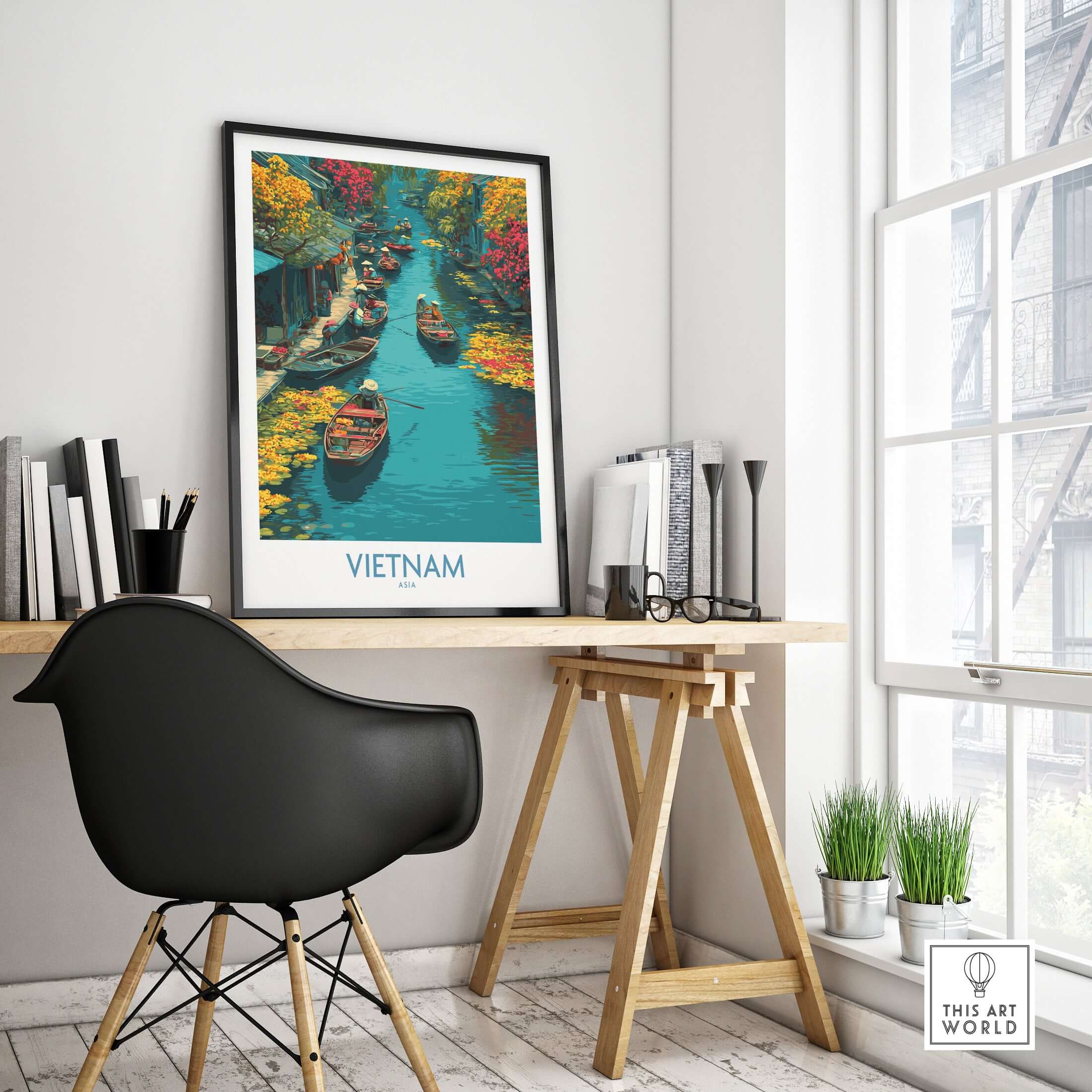 Vietnam Poster - Southeast Asia Travel Print in a stylish home office setting with modern decor.