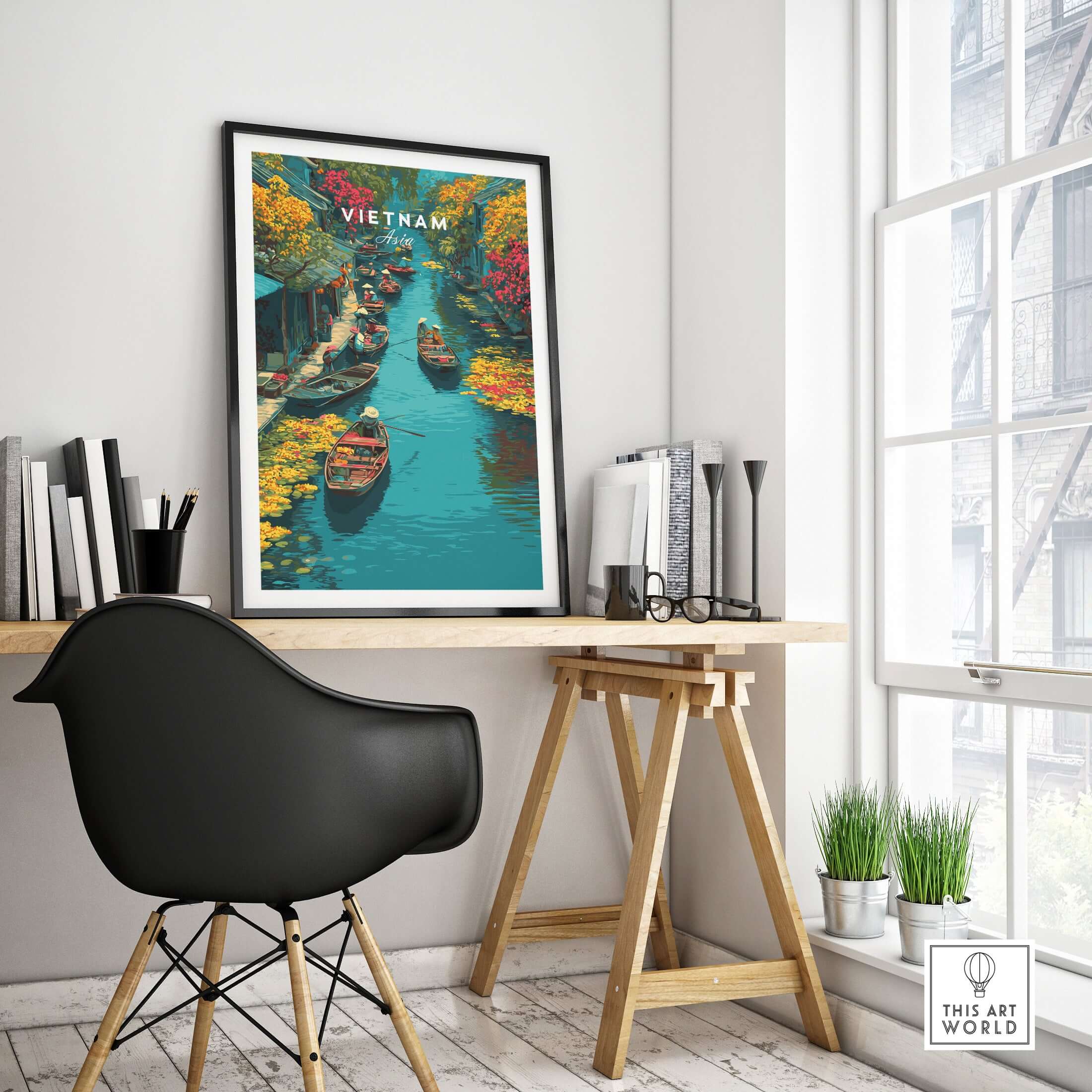 Vietnam Hoi An Canal Boats Print - Traditional River Market Wall Art in a modern workspace.