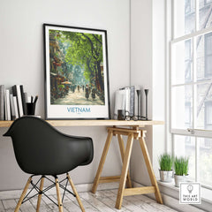 Vietnam Print - Traditional Asian Scene Wall Art displayed in a modern workspace, enhancing interior design with cultural elegance.