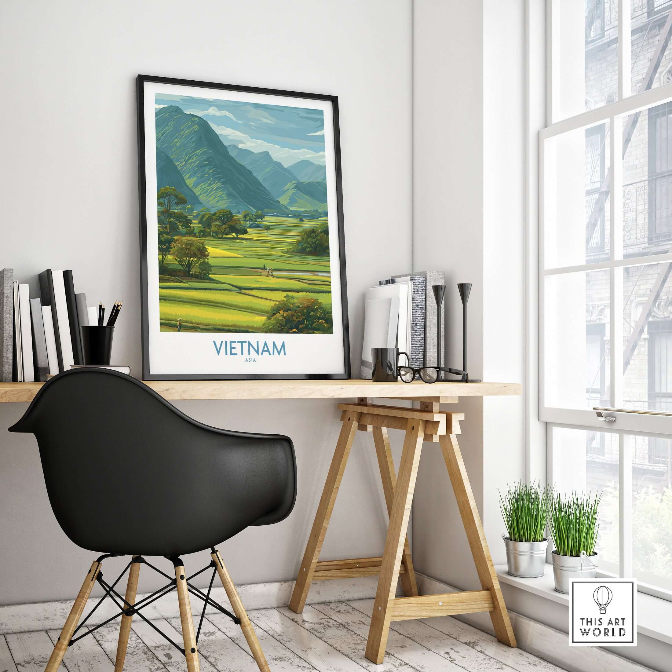 Vietnam Wall Art - Vietnamese Countryside Travel Print framed in a modern workspace with lush landscape visuals.