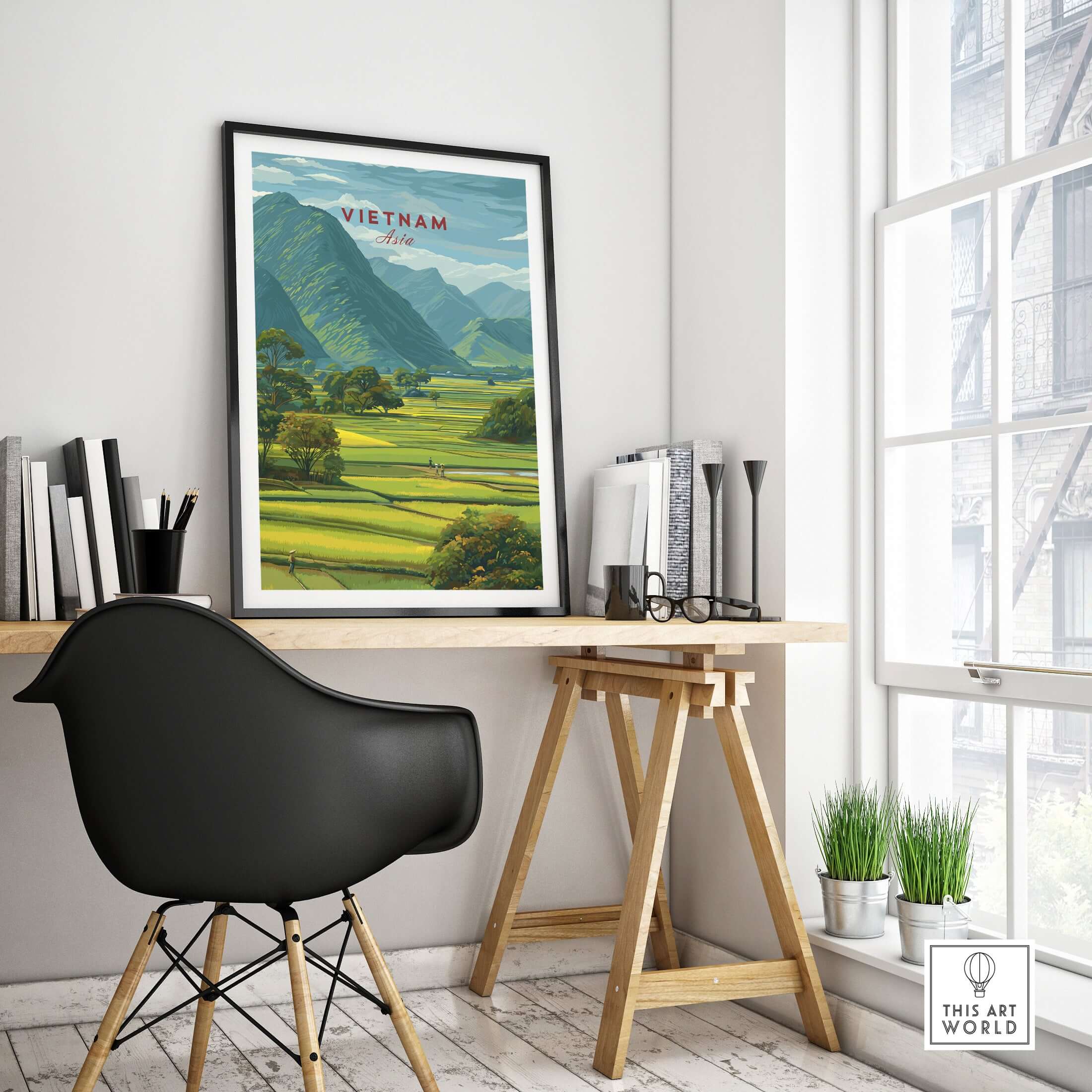 Vietnam Rice Fields Landscape Print - Rural Mountain Panorama Poster displayed in a modern home office with a stylish desk.