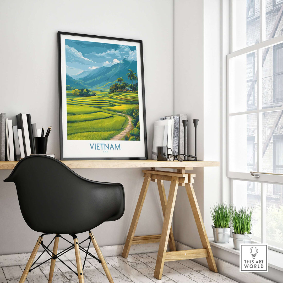 Vietnam art print showcasing lush landscapes and rice terraces in a stylish room setting with a modern desk.