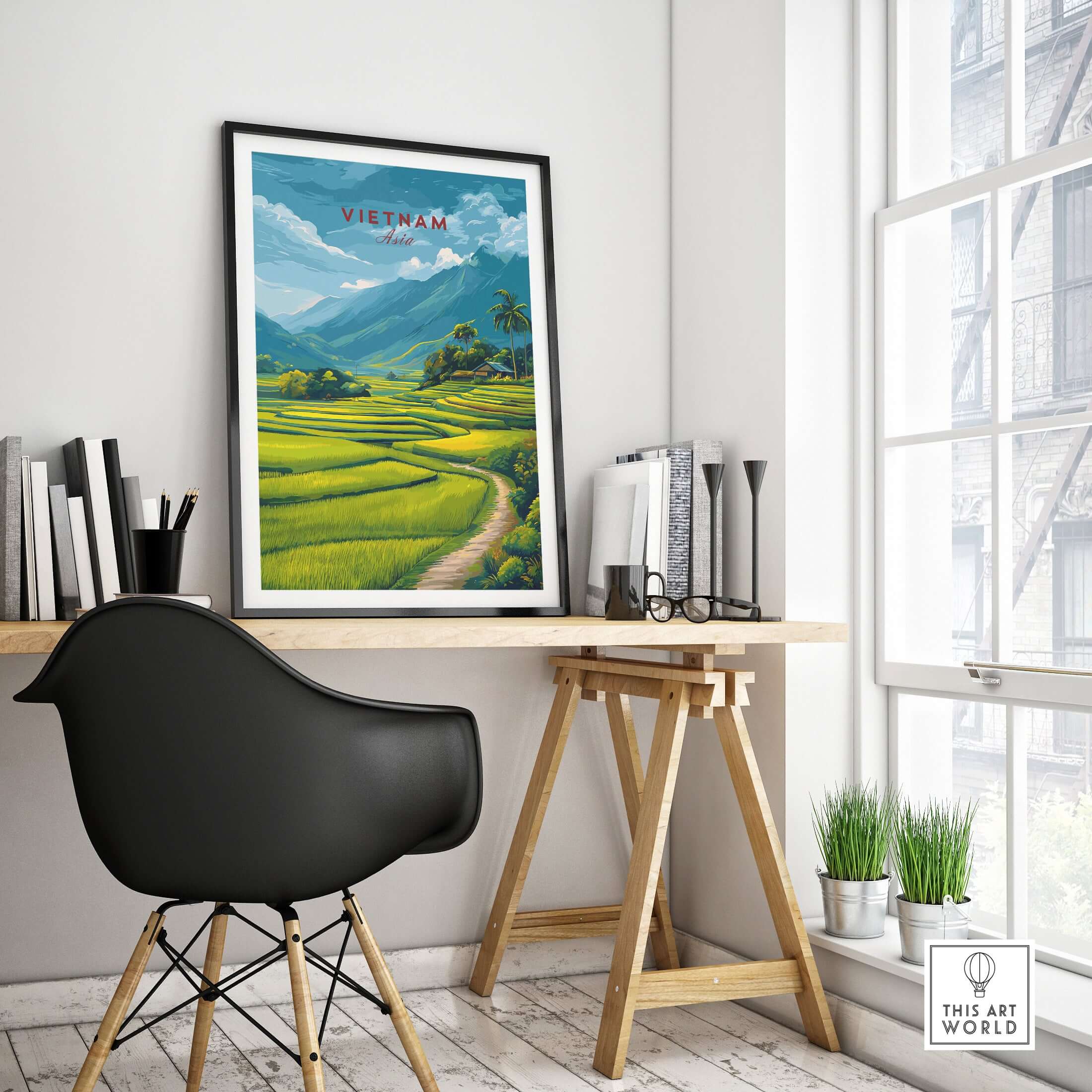 Vietnam Travel Poster showcasing vibrant rice terraces and mountains in a stylish office setting.