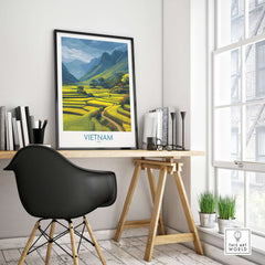 Vietnam Wall Art - Vietnamese Rural Travel Print displayed in modern home office setting featuring lush green rice terraces.