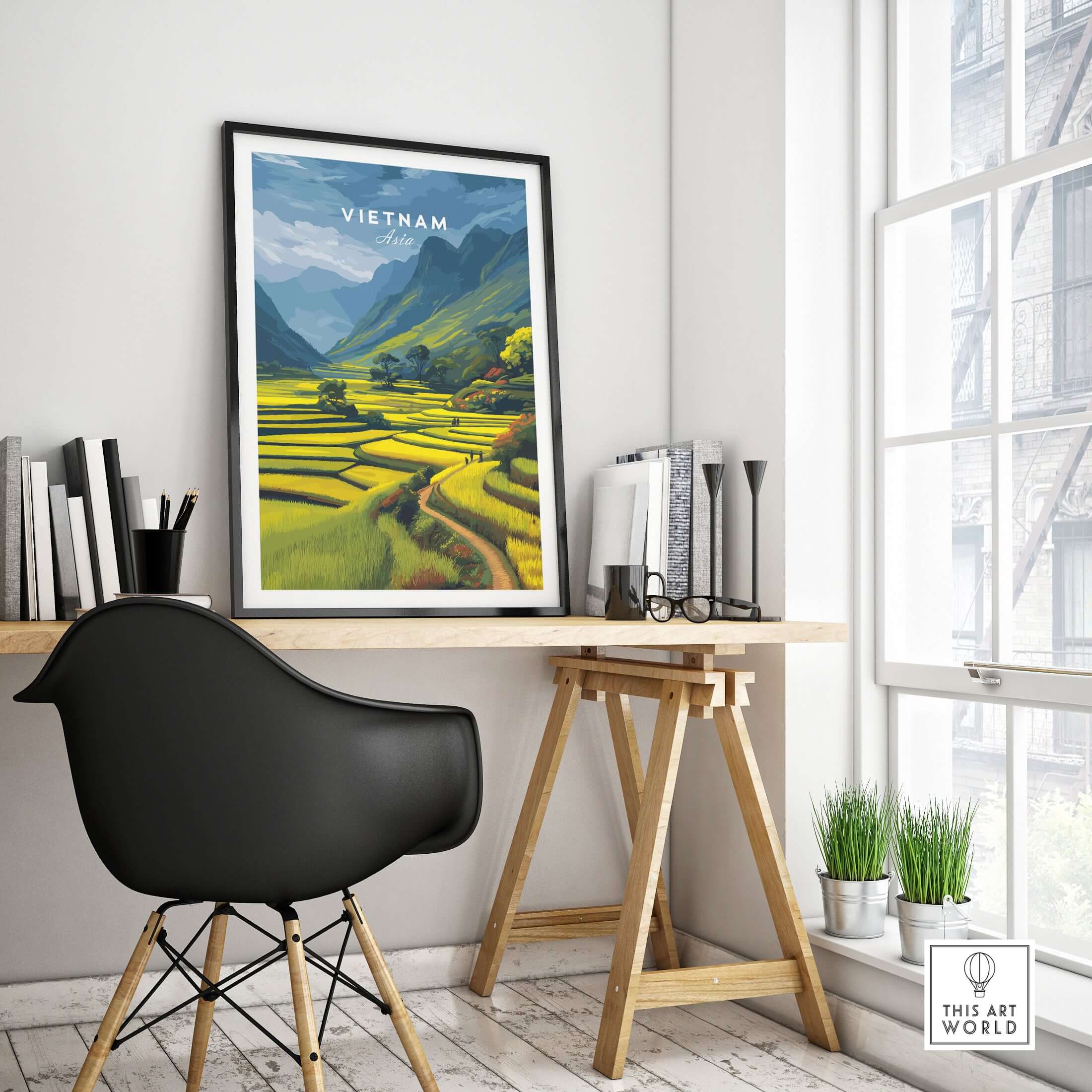 Vietnam Rice Terraces Print - Scenic Mountain Poster displayed in a stylish home office with a modern chair.