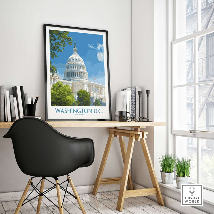Washington D.C. Capitol Hill poster framed in a stylish home office, highlighting American heritage and architecture.