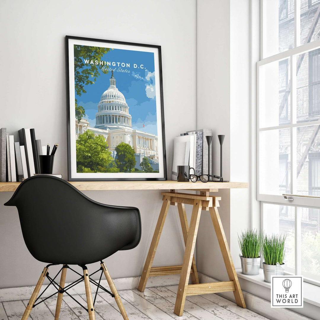 Washington D.C. US Capitol Building print framed on wall in modern office setting with desk and chair.