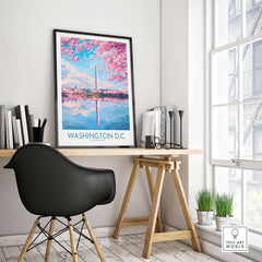 Washington D.C. Wall Art - Travel Print showcasing the iconic skyline with cherry blossoms in a chic home office setting.