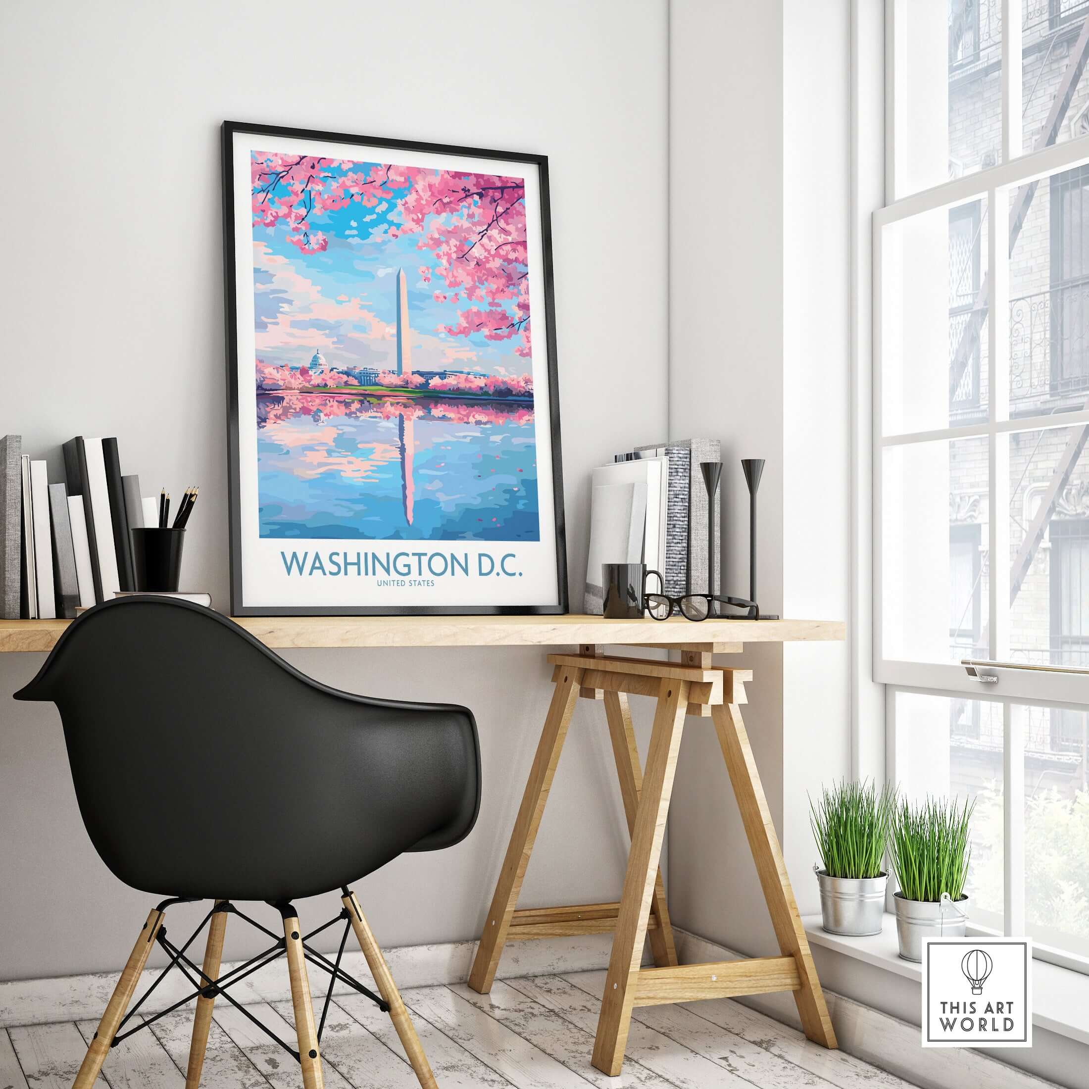 Washington D.C. Wall Art - Travel Print showcasing the iconic skyline with cherry blossoms in a chic home office setting.