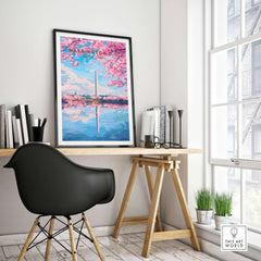 Washington D.C. Cherry Blossom Poster - Jefferson Memorial Print, featuring pink blossoms and the Washington Monument.