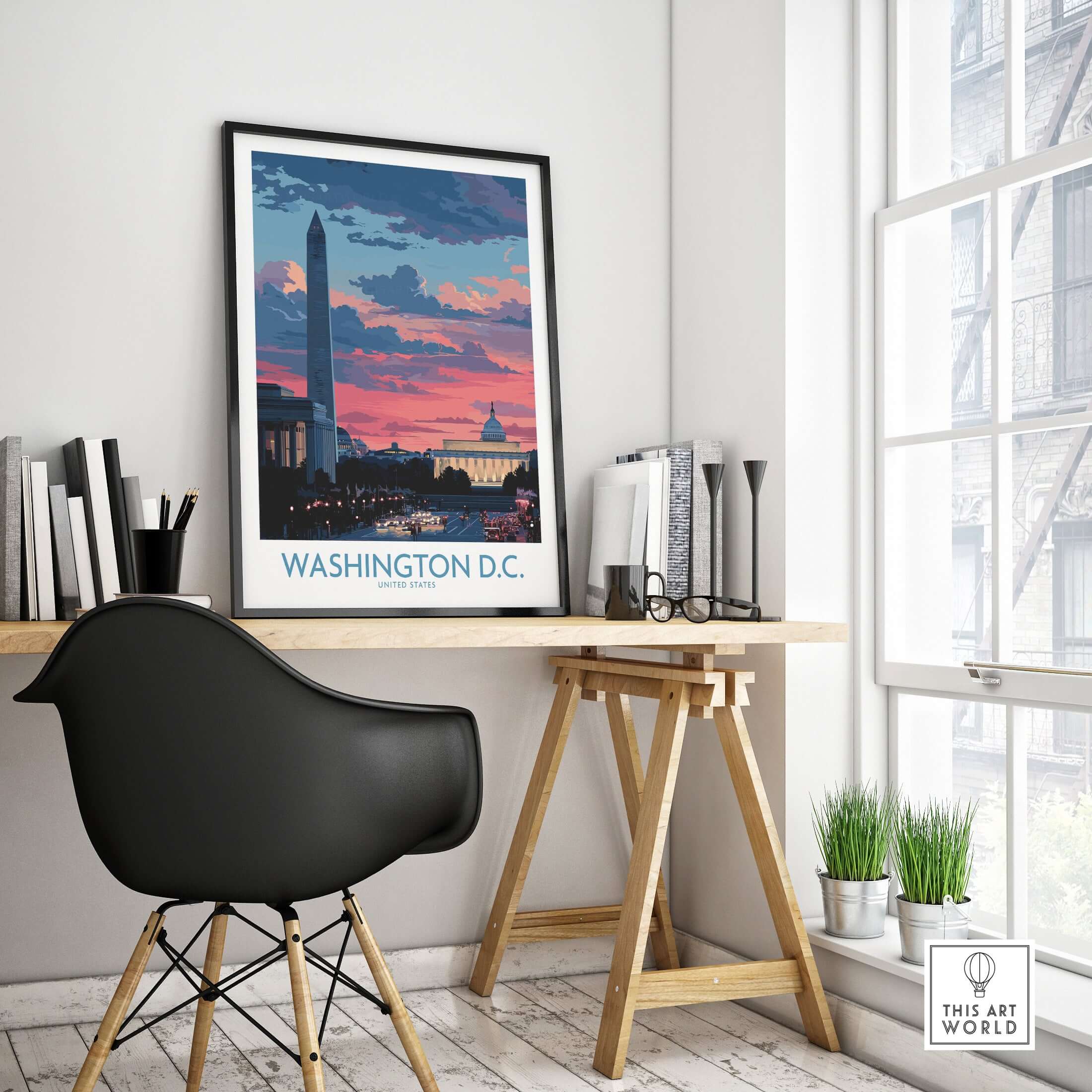 Washington D.C. Wall Art - Vibrant Urban Sunset Print displayed in a modern workspace, showcasing iconic skyline details.