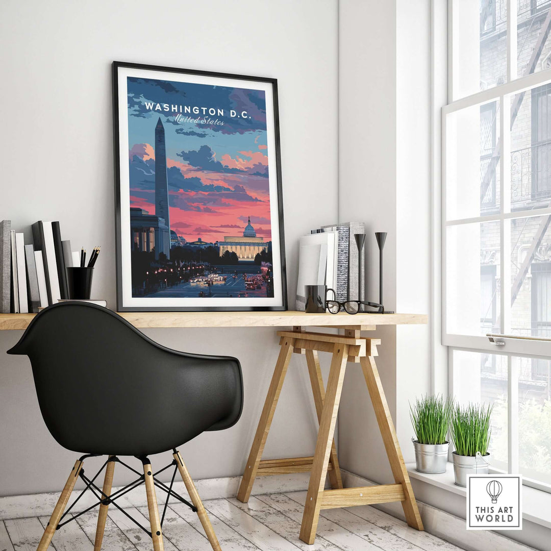 Washington D.C. sunset poster featuring the Washington Monument and skyline, enhancing modern home decor.