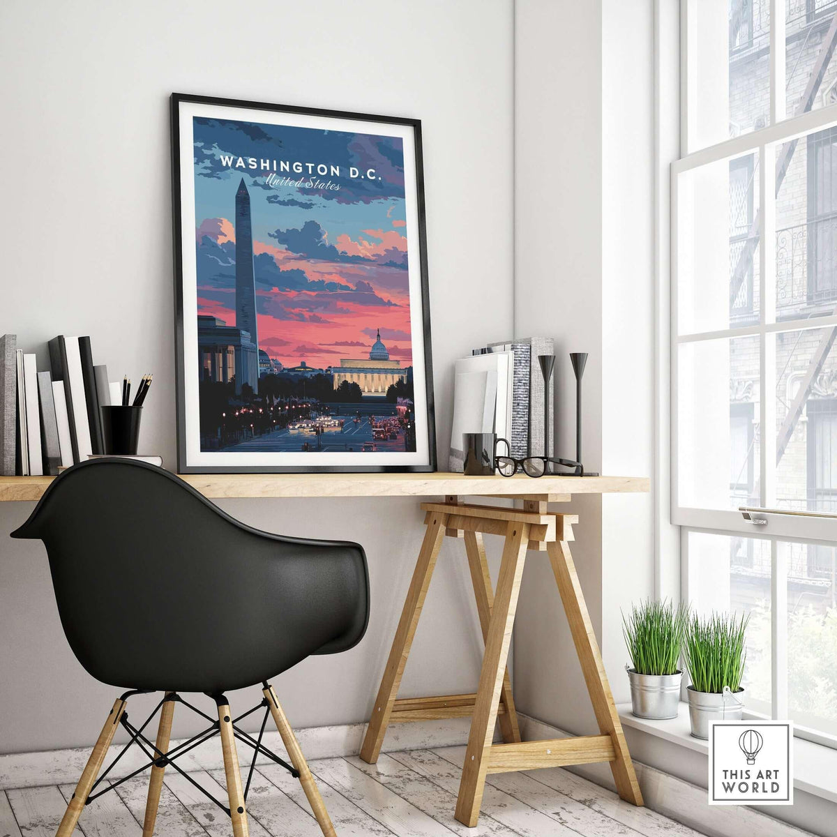 Washington D.C. Wall Art Washington Monument Sunset Poster - Capital City Skyline Print displayed in modern interior.