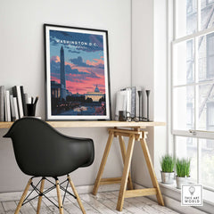 Washington D.C. Wall Art Washington Monument Sunset Poster - Capital City Skyline Print displayed in modern interior.