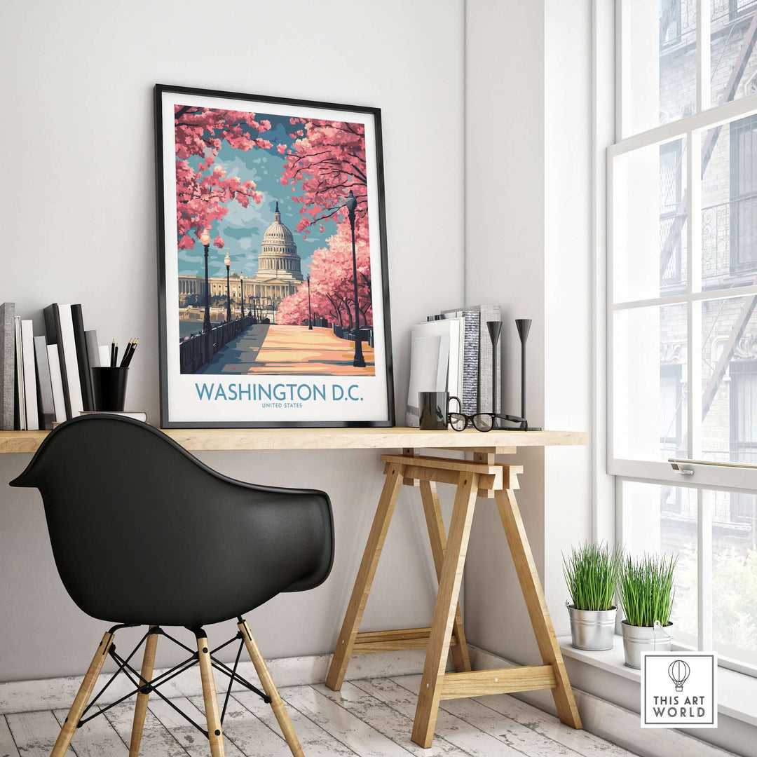 Washington D.C. US Capitol wall art in a modern office setting with cherry blossom trees.