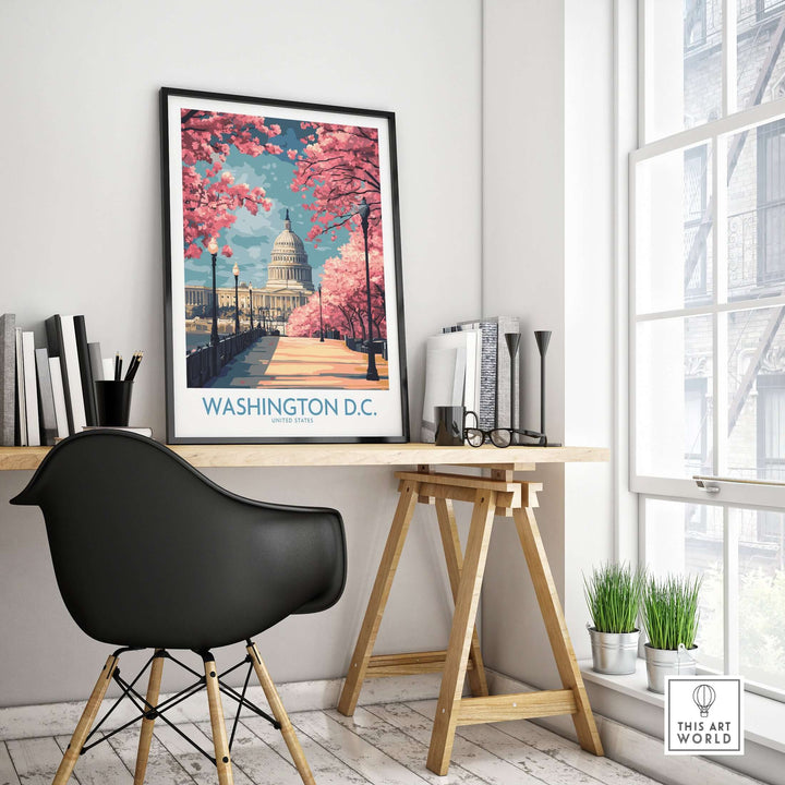 Washington D.C. US Capitol wall art in a modern office setting with cherry blossom trees.