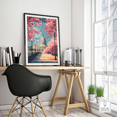 Washington D.C. Cherry Blossom Capitol Print - Springtime US Landmark Poster displayed in a modern workspace with a chair.