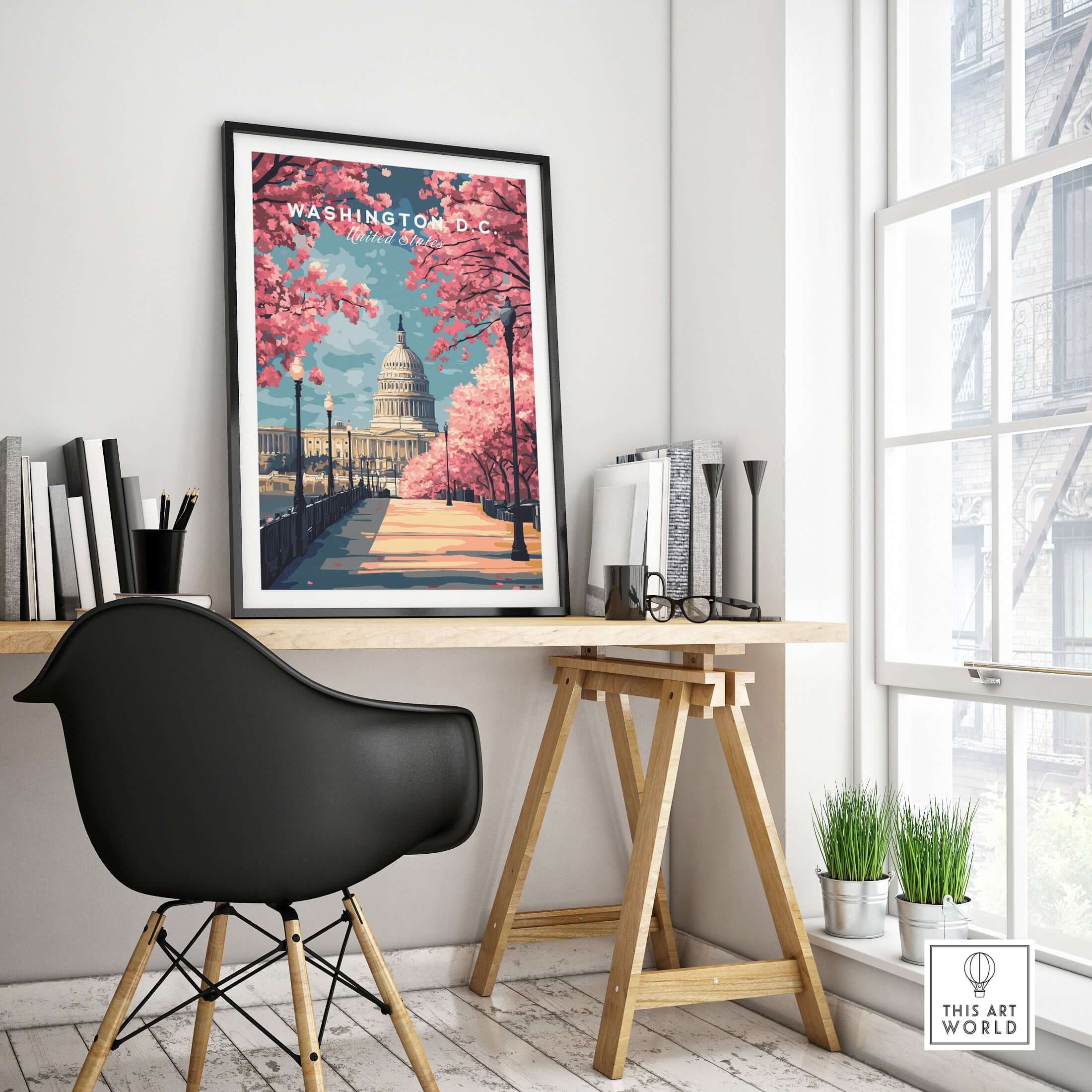Washington D.C. Cherry Blossom Capitol Print - Springtime US Landmark Poster displayed in a modern workspace with a chair.