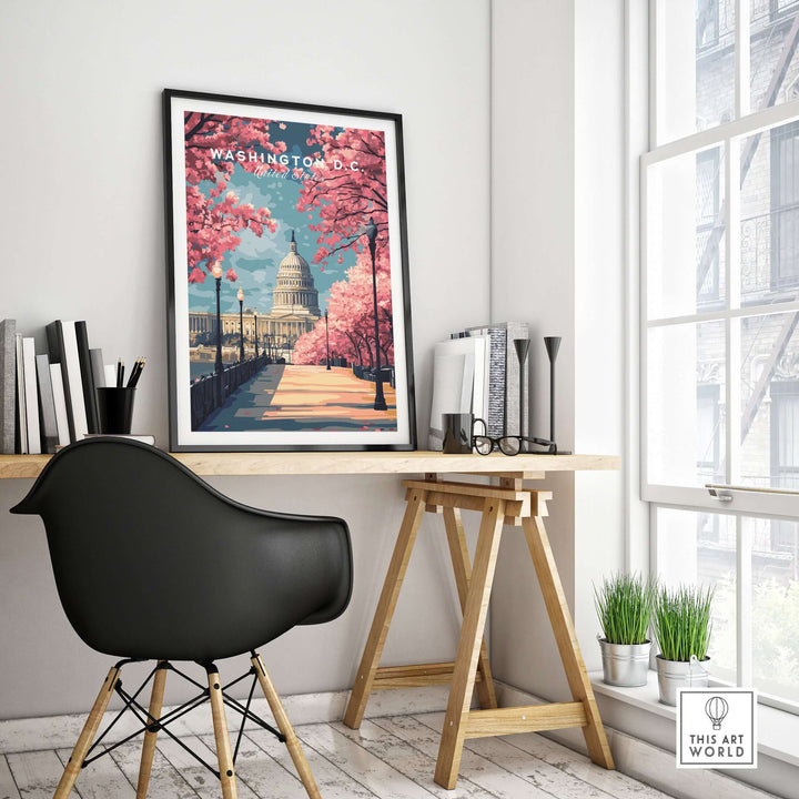 Washington D.C. Cherry Blossom Capitol print in a modern workspace, showcasing springtime beauty and American heritage.
