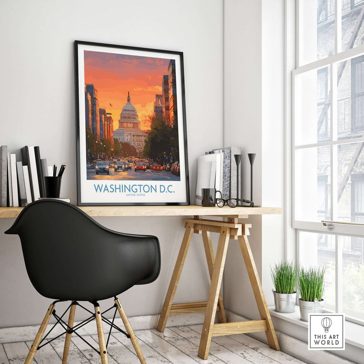 Washington D.C. vibrant cityscape poster at dusk displayed in modern workspace with black chair and natural light.