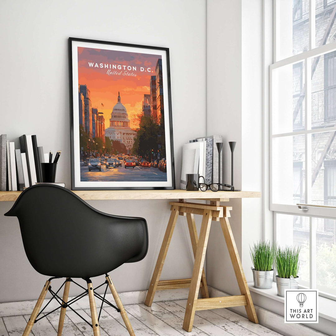 Washington D.C. Capitol Building sunset print on wall, stylish home office decor with modern chair and plants.