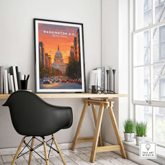 Washington D.C. Capitol Building Sunset Print - American Landmark Wall Art displayed in modern interior with black chair.