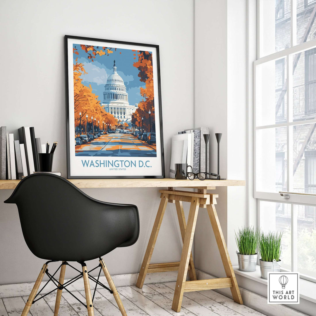 Washington D.C. US Capitol Building poster displayed in a stylish home office, showcasing classic cityscape decor.