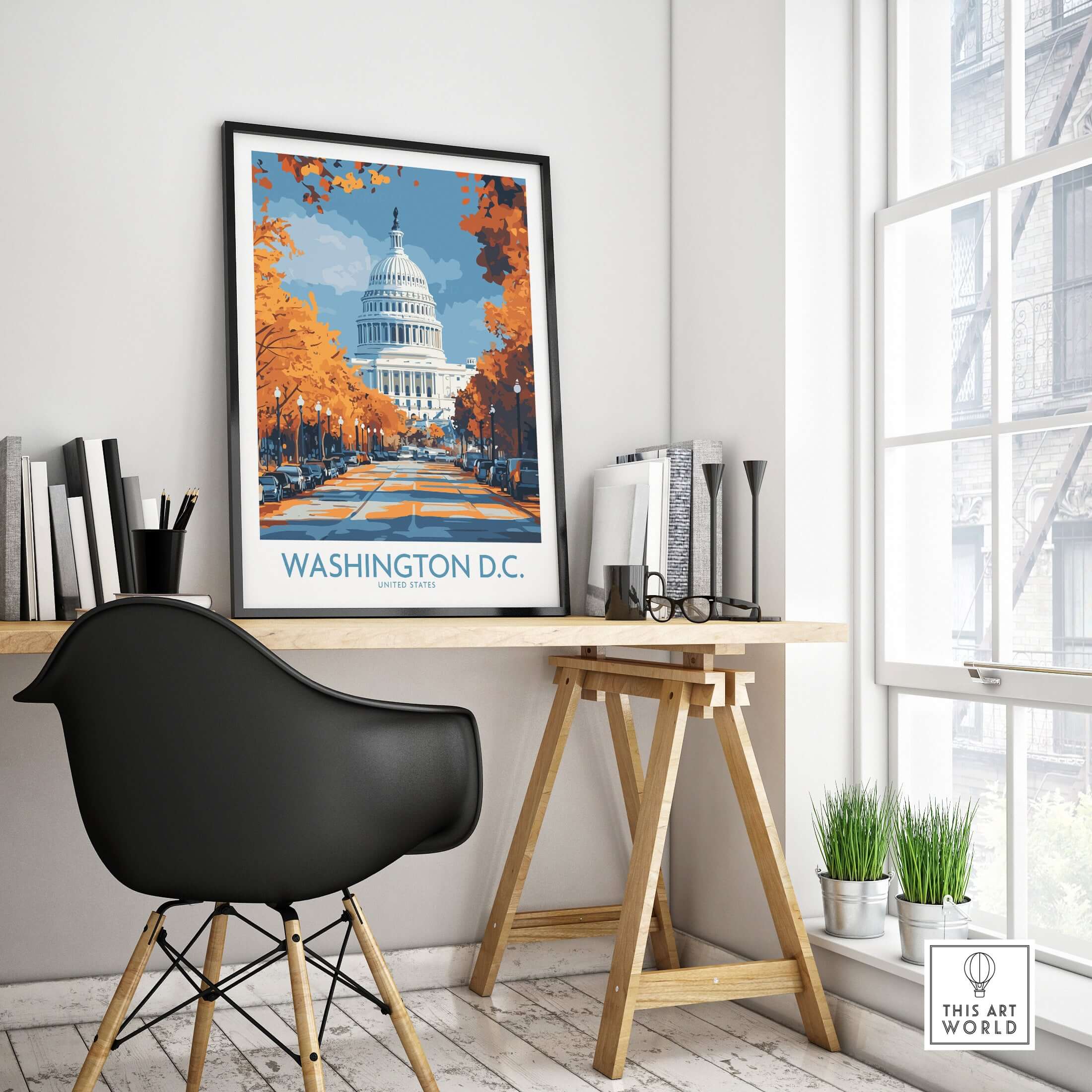 Washington D.C. US Capitol Building Poster - Historic Cityscape Decor displayed in a modern home office.