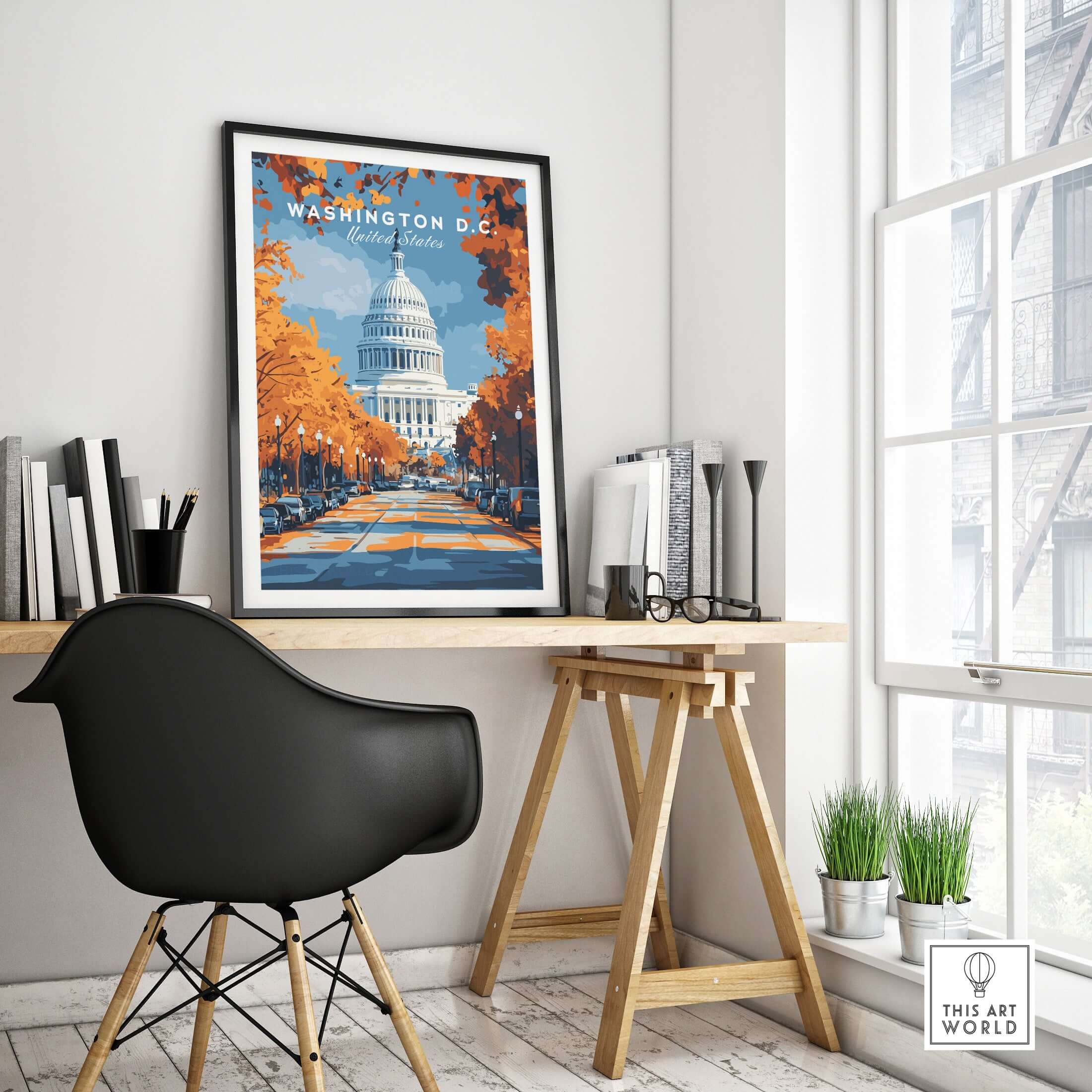 Washington D.C. Autumn Capitol View Print - Wall Art displayed in a cozy office setting with stylish decor.