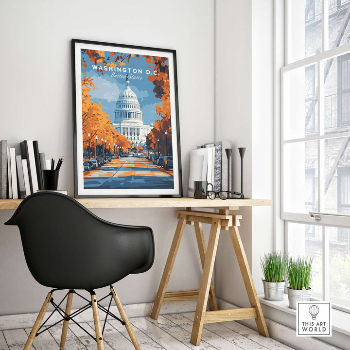 Washington D.C. Autumn Capitol View Print displayed in a modern home office setting, showcasing vibrant fall colors.