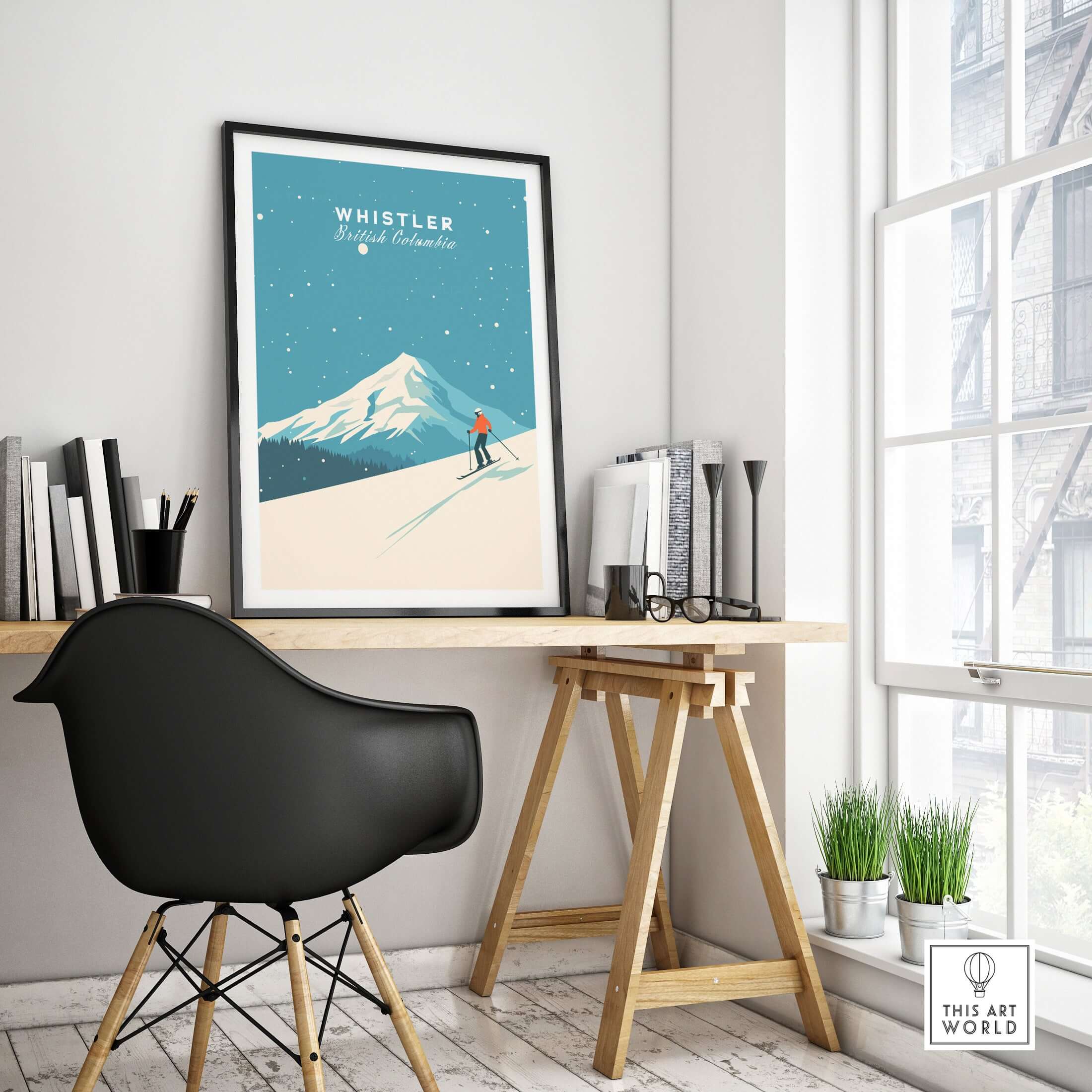 Whistler Ski Poster displayed in a modern setting, showcasing vibrant mountain skiing imagery.