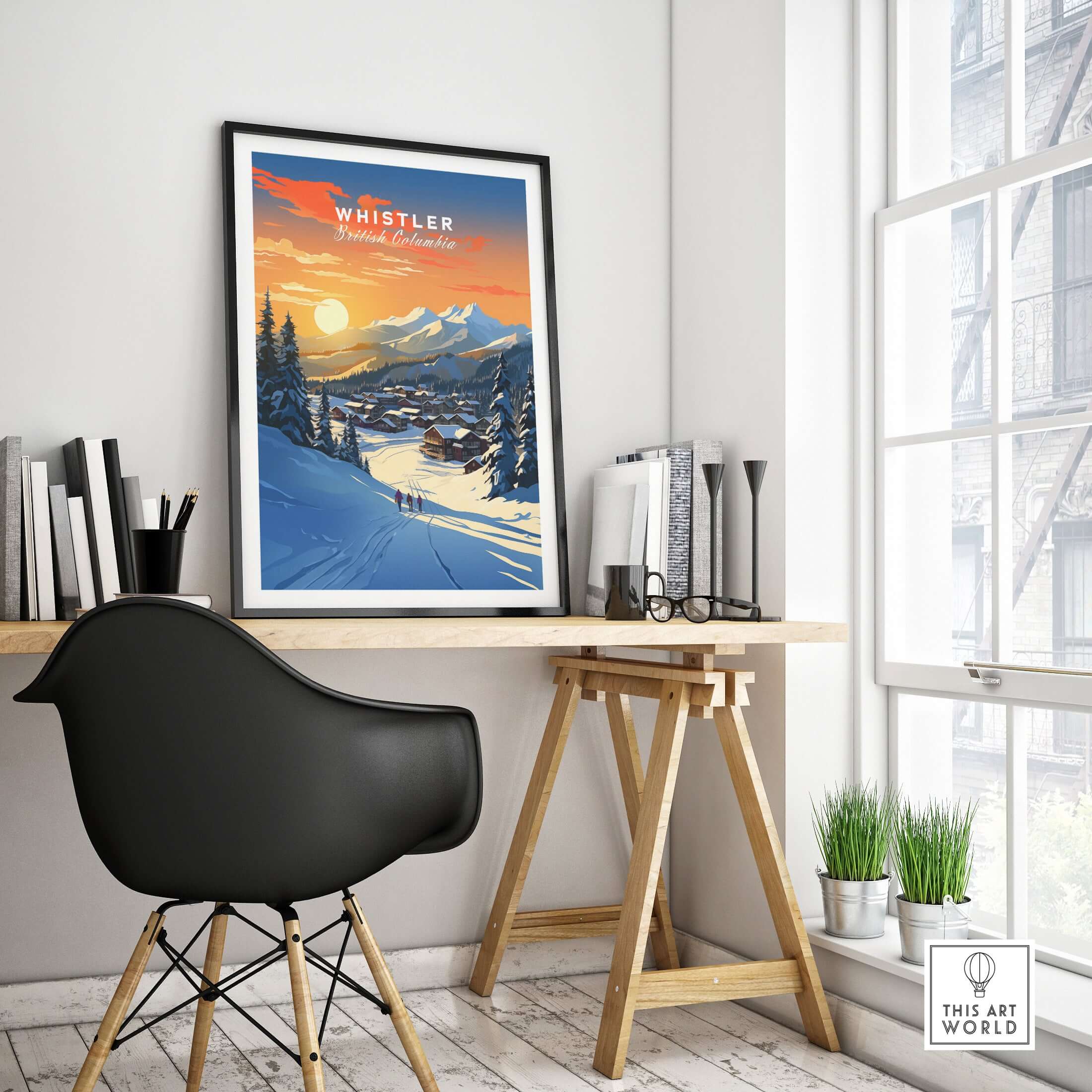 Whistler Wall Art Ski Print showcasing sunset over snowy slopes in a modern office setting with stylish desk.