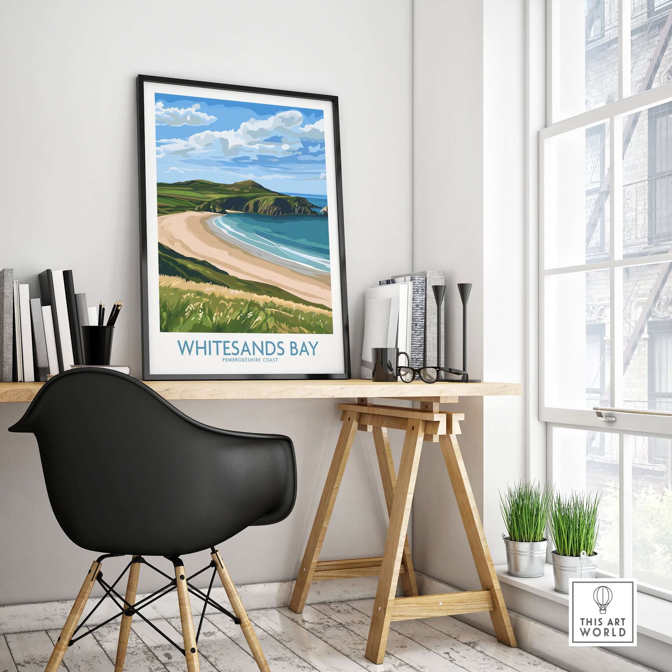 Whitesands Bay St David's Peninsula Print - Wales Travel Decor displayed in a modern home office setting.