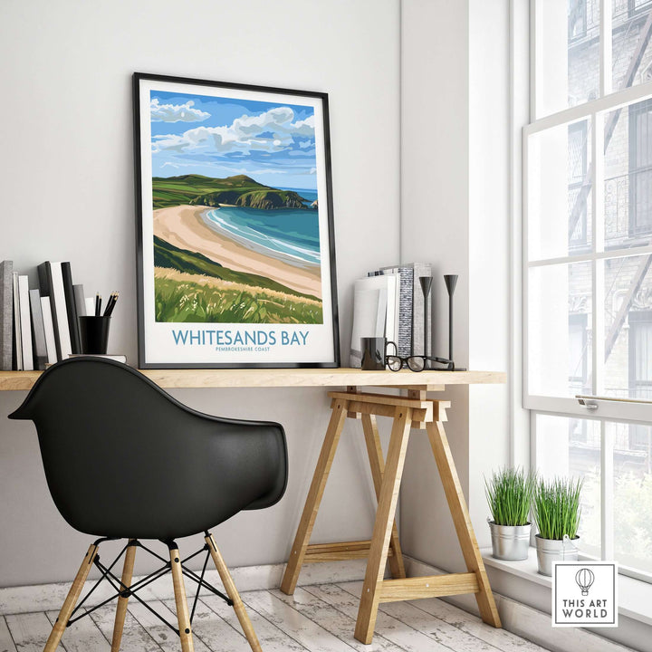 Whitesands Bay St David's Peninsula print showcased in a stylish workspace, perfect for beach lovers and travel decor.