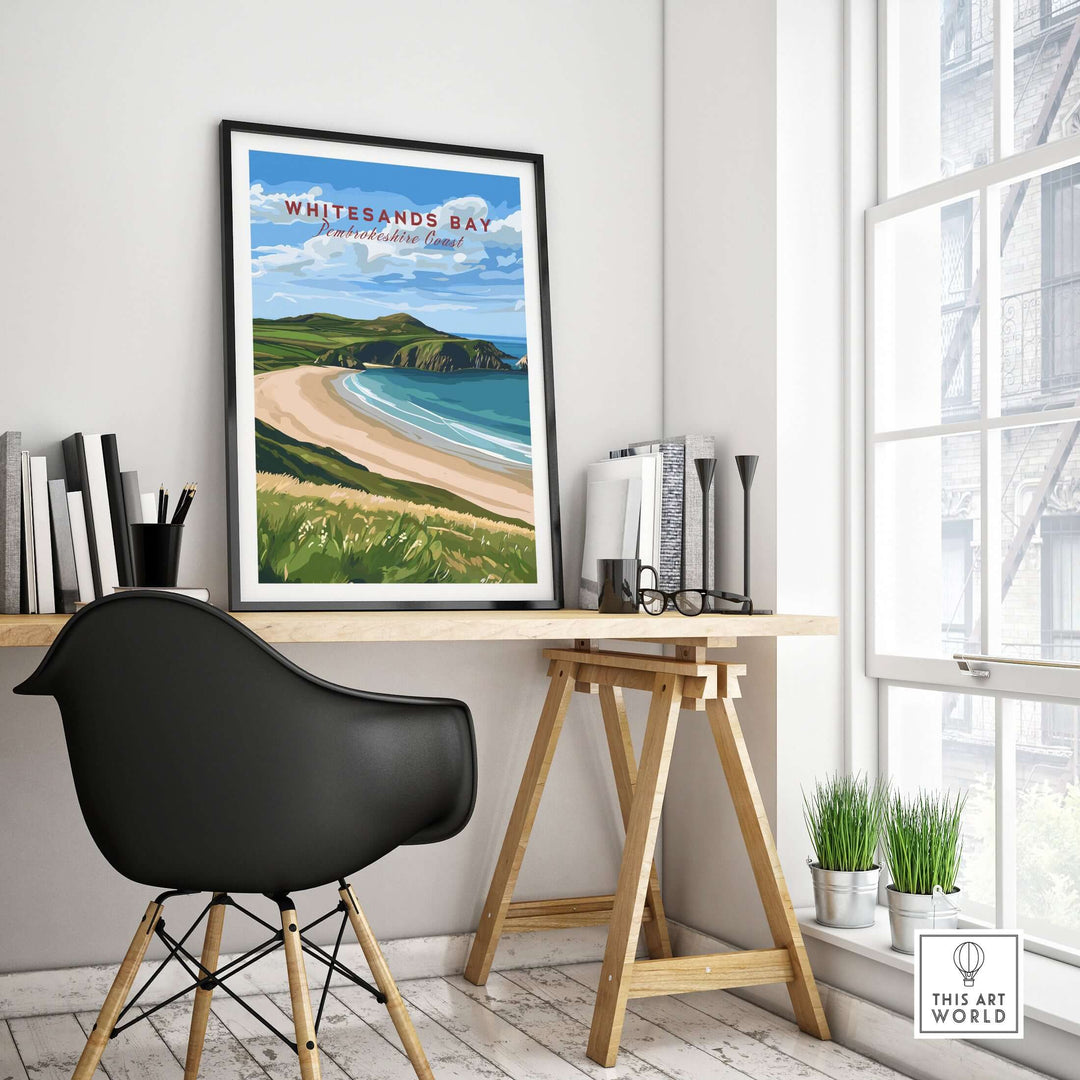 Whitesands Bay Coastal View Poster in a modern workspace, showcasing Pembrokeshire Coast National Park wall art.
