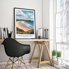 Whitesands Bay Pembrokeshire Grassy Dunes Poster - Pembrokeshire Travel Decor showcased in a modern home office setting.