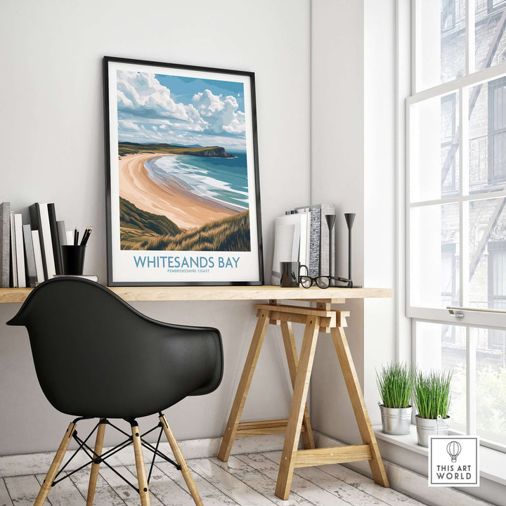Whitesands Bay Pembrokeshire poster in a modern workspace, showcasing scenic coastal dunes and vibrant sea views.