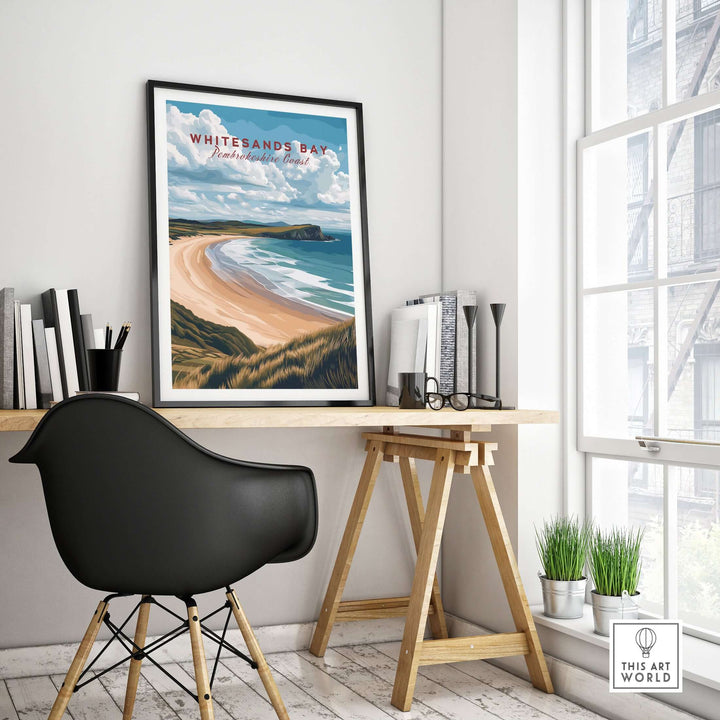 Whitesands Bay Pembrokeshire seaside print displayed in a minimalistic home office setting.