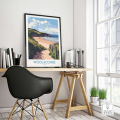Woolacombe Devon Dunes to Ocean Poster - English Seaside Decor displayed in a modern workspace.