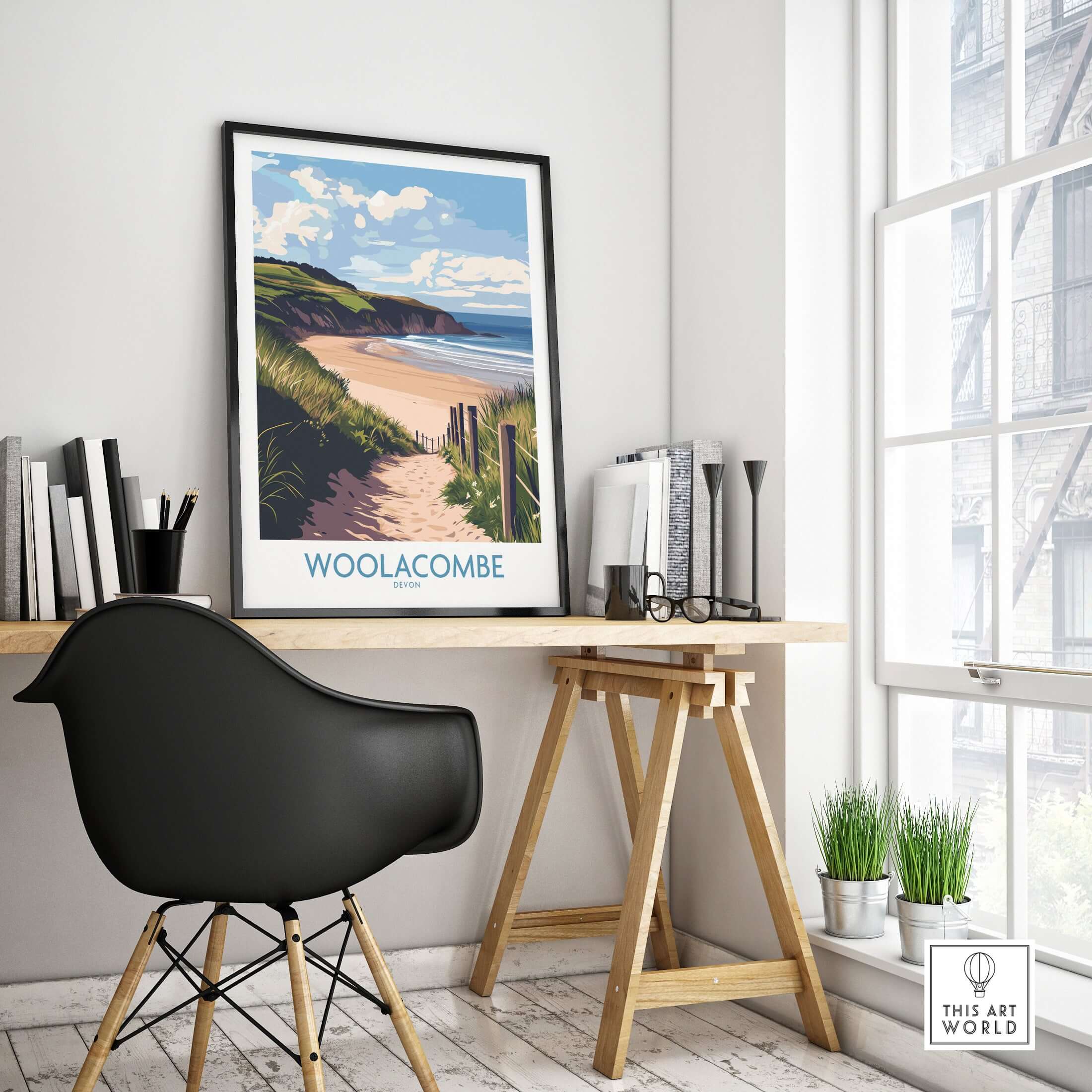 Woolacombe Devon Dunes to Ocean Poster - English Seaside Decor displayed in a modern workspace.