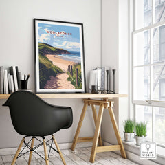 Woolacombe Beach Path Print - Coastal Devon Wall Art displayed in a modern indoor setting with a stylish desk and chair.