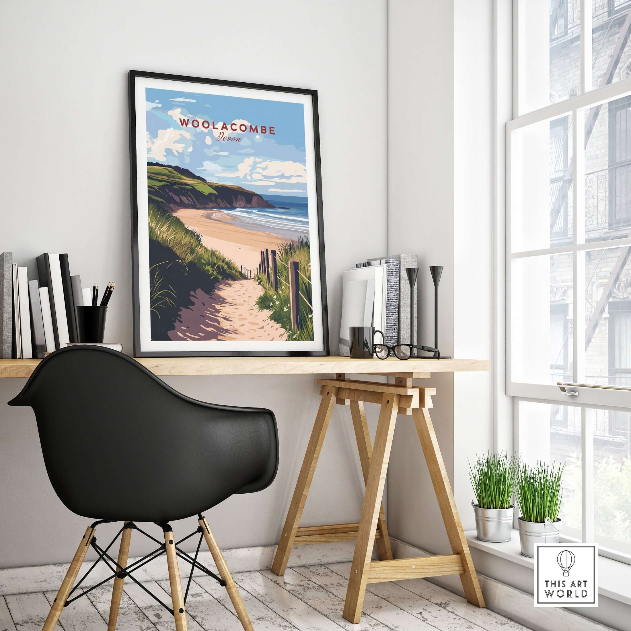 Woolacombe Beach Path Print - Coastal Devon Wall Art displayed in a modern indoor setting with a stylish desk and chair.