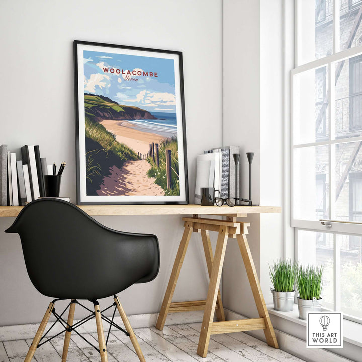 Woolacombe Beach Path Print in a modern interior, showcasing coastal Devon wall art, perfect for nature lovers.